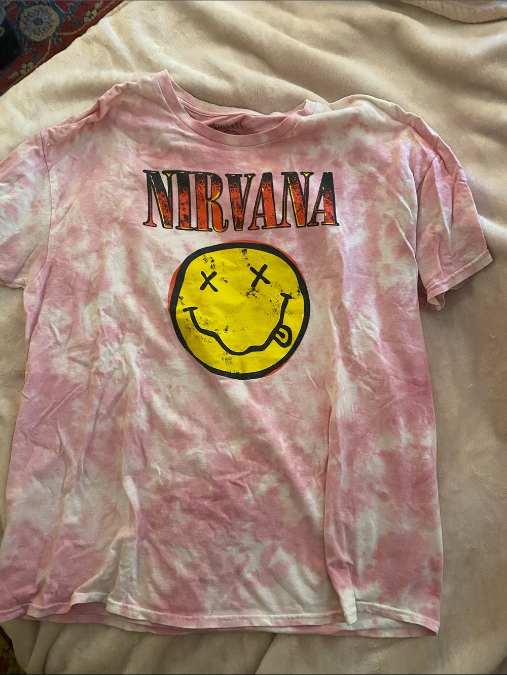 NIRVANA Pink Tie-Dye Tee with Yellow Smiley Logo